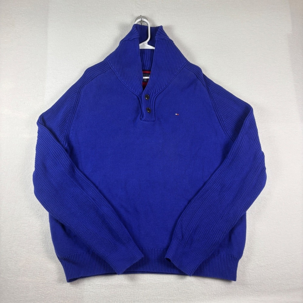 Tommy Hilfiger Mens XXL Royal Blue Shawl Collar Button Pullover Cotton Sweater